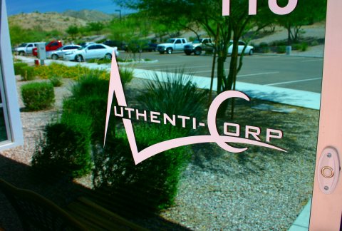 Reflection the Authenti-Corp logo showing the South Mountain Preserve in the distance.